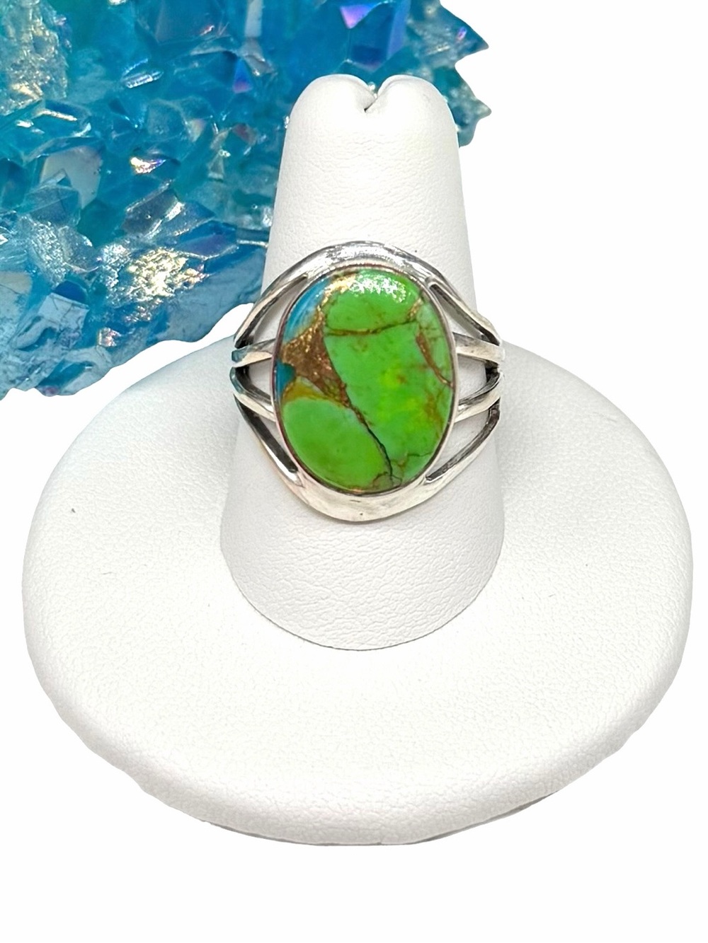 Green & Blue Mohave Turquoise Ring Size 8.5 Solid 925 Sterling Silver Oval